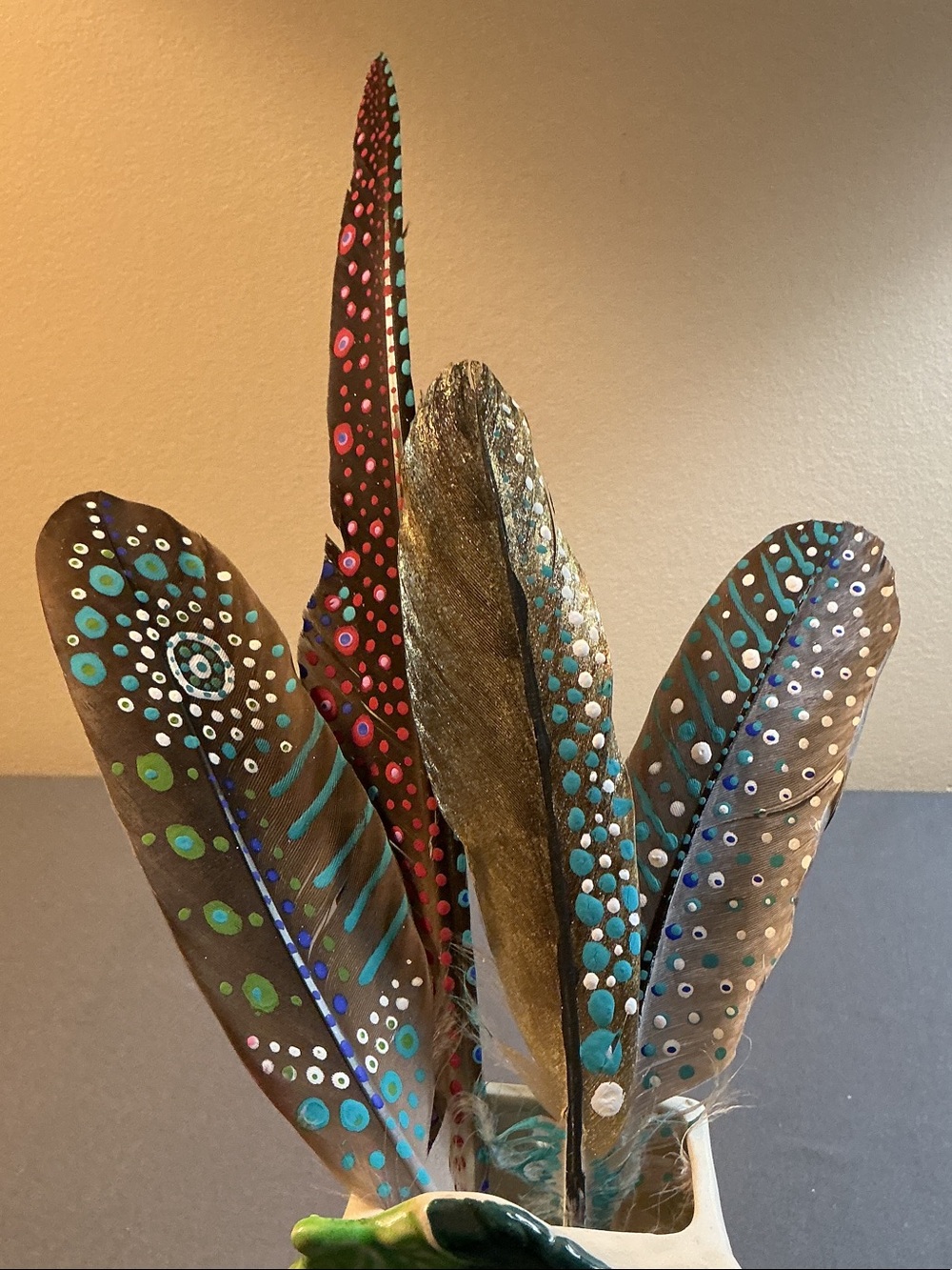 4 Hand Painted Natural Feathers Dot Art Boho Folk Art Up to 13”